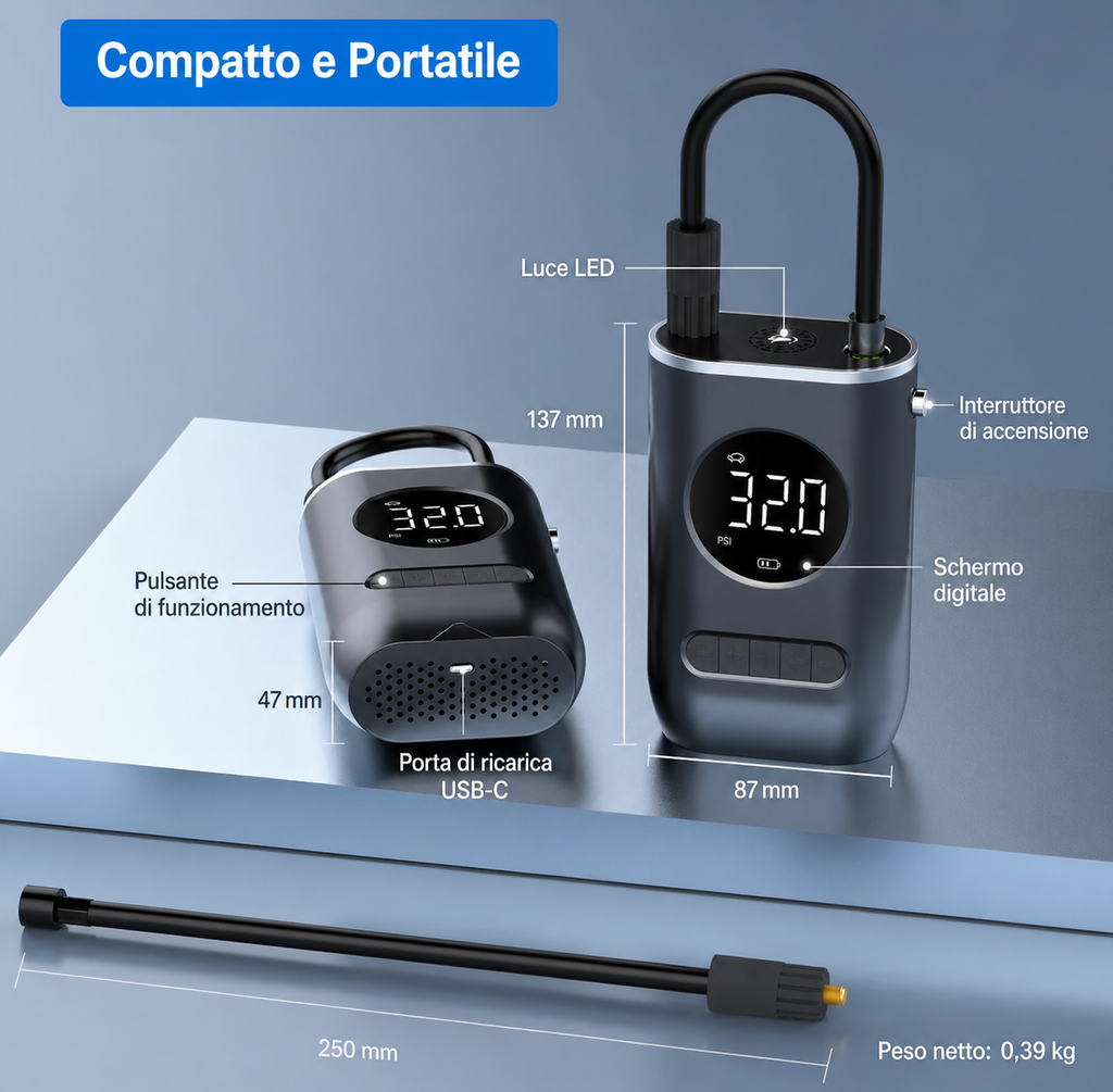 Mini Compressore Aria Portatile Elettrico – Gonfiatore per Bici, Moto, Auto e Palloni