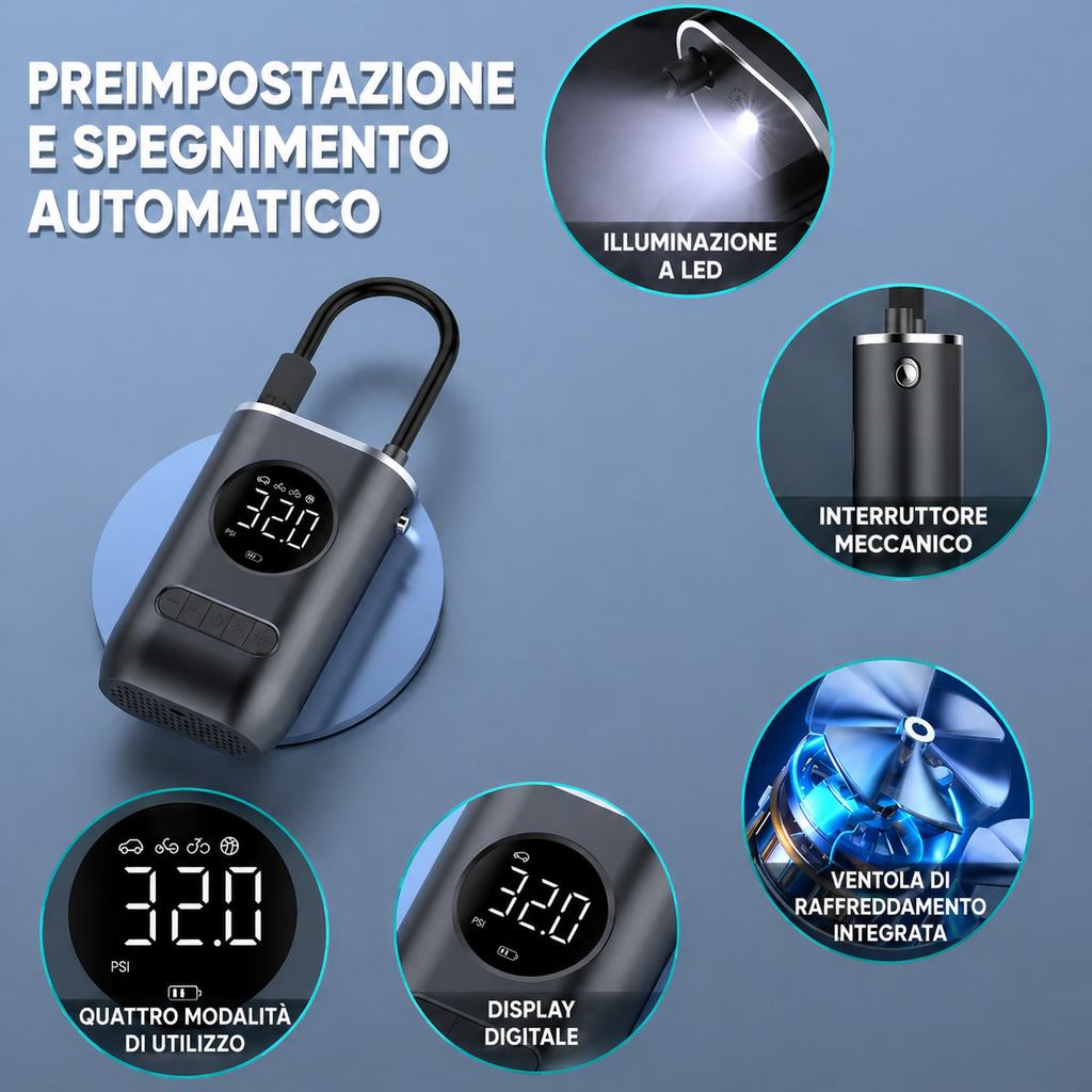 Mini Compressore Aria Portatile Elettrico – Gonfiatore per Bici, Moto, Auto e Palloni