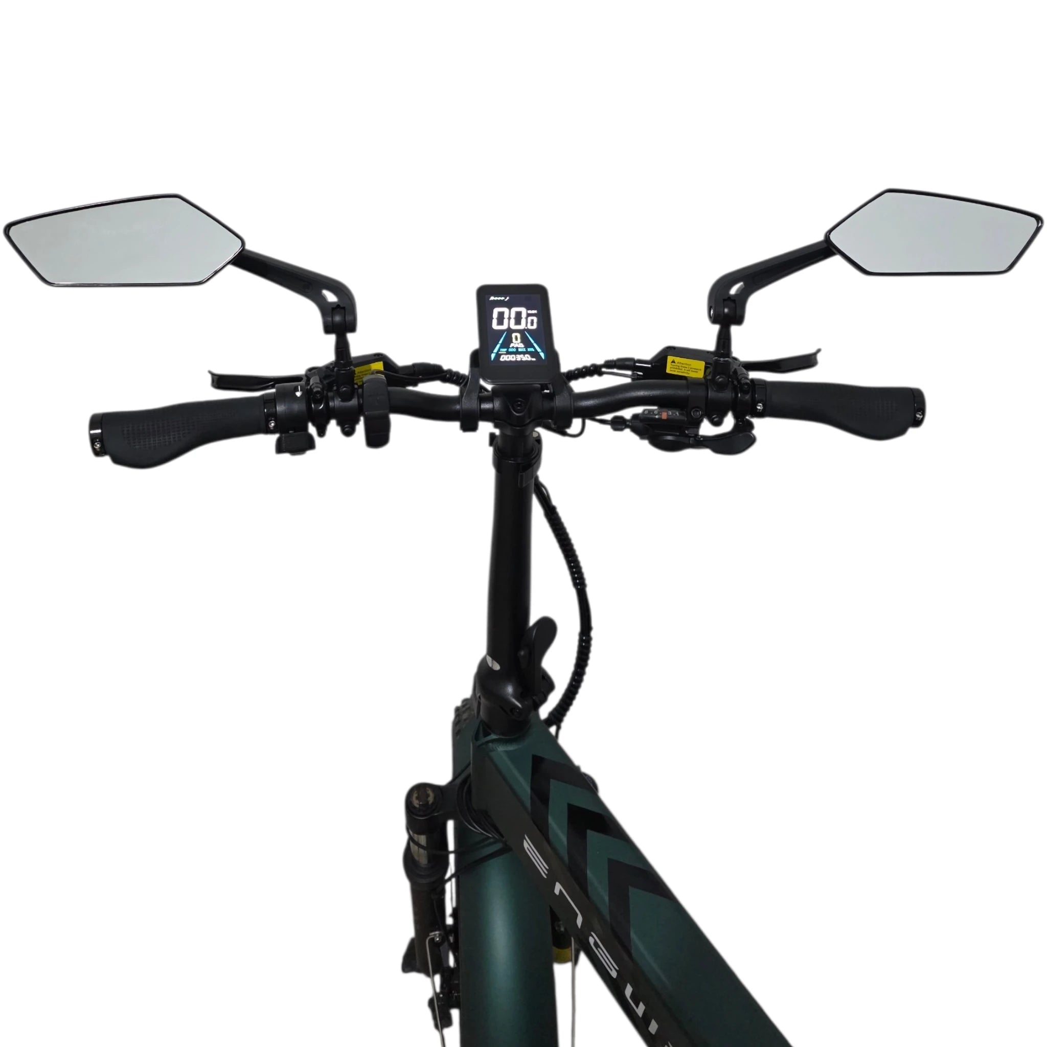 Coppia di specchietti retrovisori montati sul manubrio di una Engwe Engine Pro 2.0 verde, visione a 360 gradi.